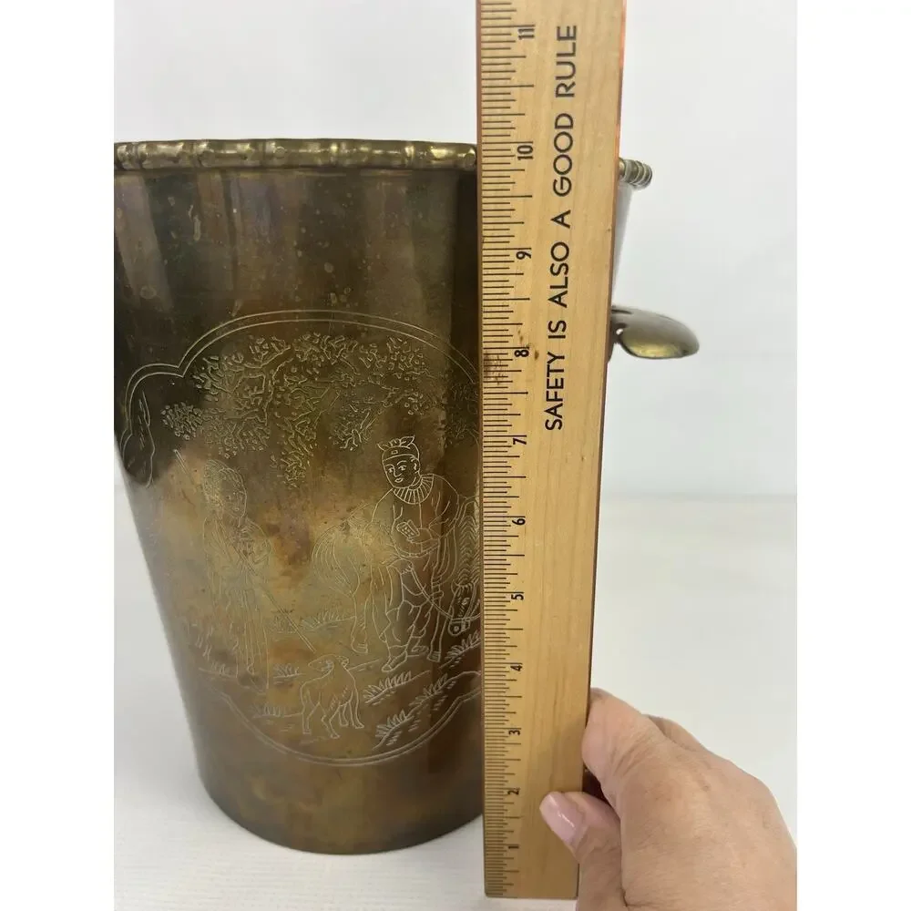 Vintage Brass Ice Bucket Wine Cooler Engraved Etched Planter Asian Scenic Handle